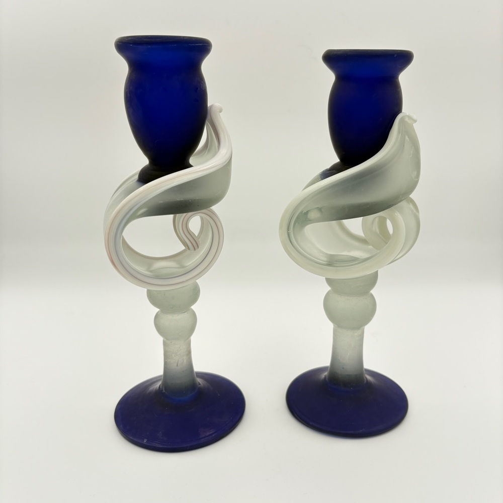 Pair of Cobalt Blue and White Hand Blown Frosted Glass 8 in Candlestick Holders